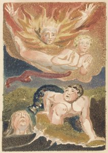 Quattro uomini nudi emergono dai loro elementi: fiamme, cielo, mare e terra verde, tavola 22 da Il Primo Libro di Urizen (1794) da William Blake